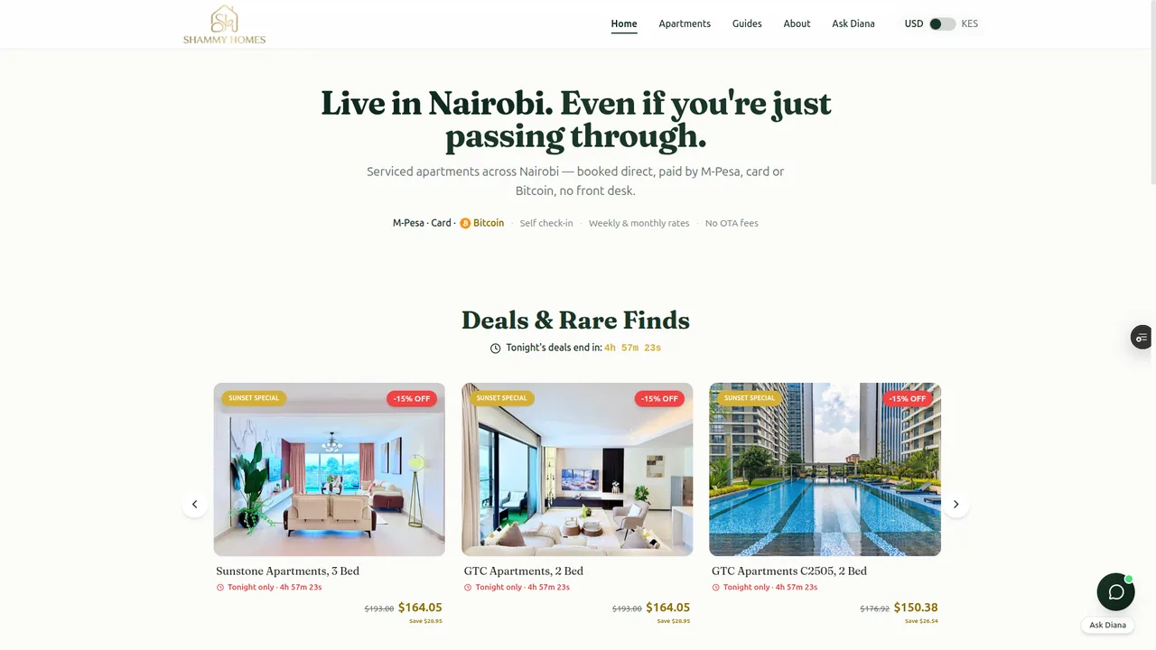 Shammy Homes homepage — serviced-apartment booking site with a live deals carousel of Nairobi listings